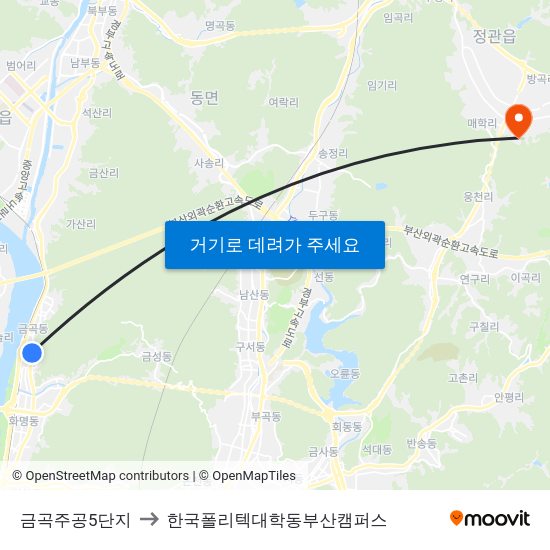 금곡주공5단지 to 한국폴리텍대학동부산캠퍼스 map
