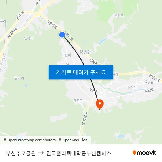 부산추모공원 to 한국폴리텍대학동부산캠퍼스 map