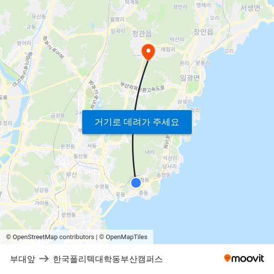 부대앞 to 한국폴리텍대학동부산캠퍼스 map