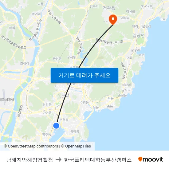 남해지방해양경찰청 to 한국폴리텍대학동부산캠퍼스 map
