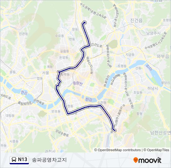 N13 버스 노선 지도