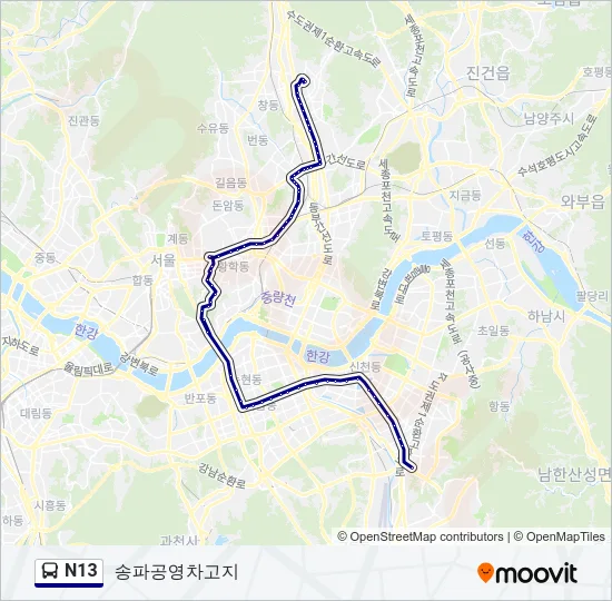 N13 버스 노선 지도