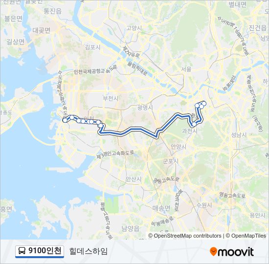 9100인천 bus Line Map