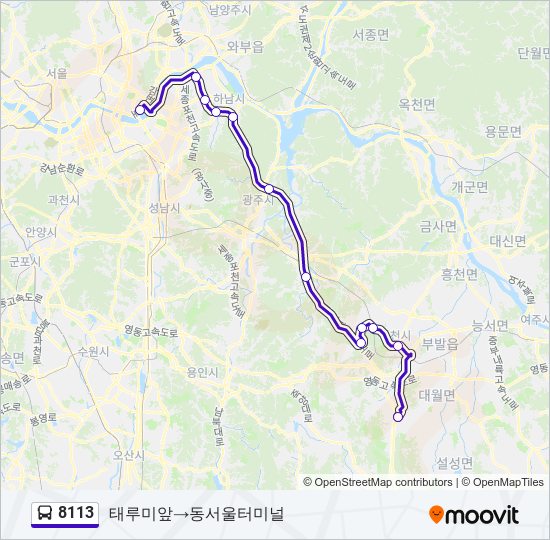 8113 경로: 일정, 정거장 & 지도 - 태루미앞→동서울터미널 (업데이트됨) 8113 경로: 일정, 정거장 & 지도 - 태루미앞→동서울터미널 (업데이트됨)
