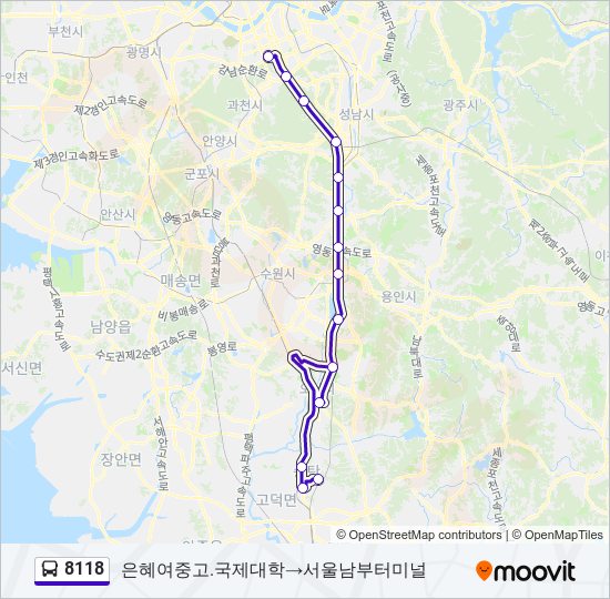 8118 경로: 일정, 정거장 & 지도 - 은혜여중고.국제대학→서울남부터미널 (업데이트됨) 8118 경로: 일정, 정거장 & 지도 - 은혜여중고.국제대학→서울남부터미널 (업데이트됨)