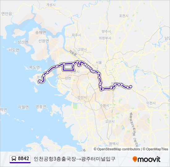 8842 경로: 일정, 정거장 & 지도 - 인천공항3층출국장‎→광주터미널입구 (업데이트됨)