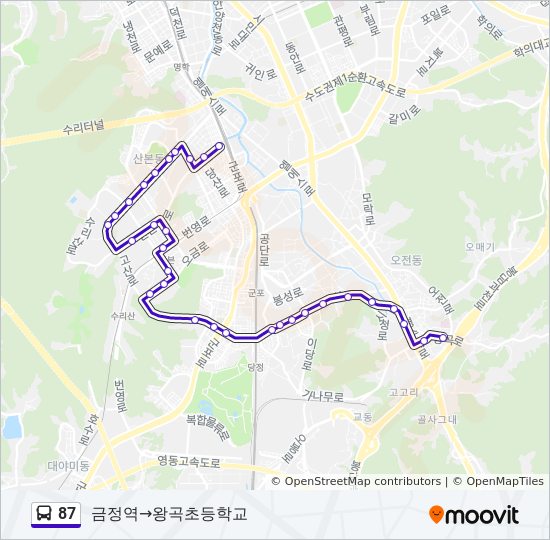 87 경로: 일정, 정거장 & 지도 - 금정역‎→왕곡초등학교 (업데이트됨)
