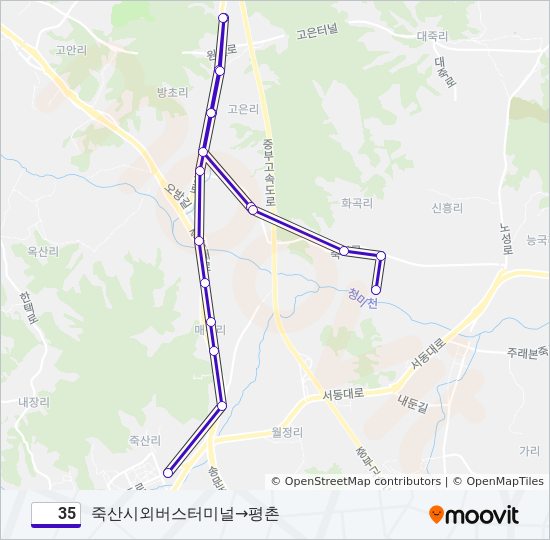 35 경로: 일정, 정거장 & 지도 - 죽산시외버스터미널‎→평촌 (업데이트됨)