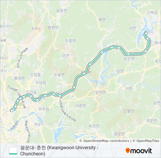 경춘선 Gyeongchun Line 경로: 일정, 정거장 & 지도 - 춘천‎→상봉 (업데이트됨)
