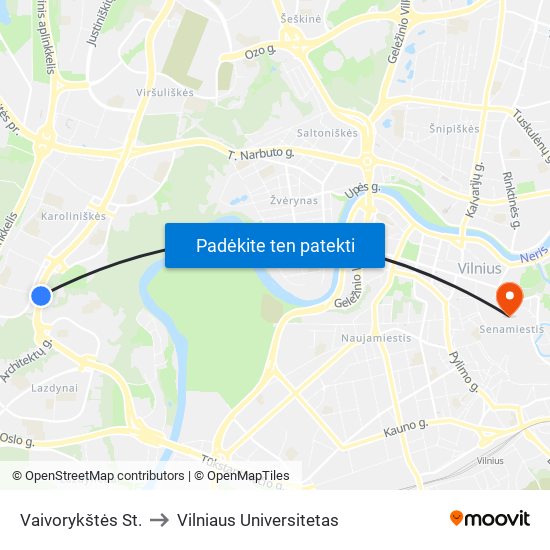 Vaivorykštės St. to Vilniaus Universitetas map