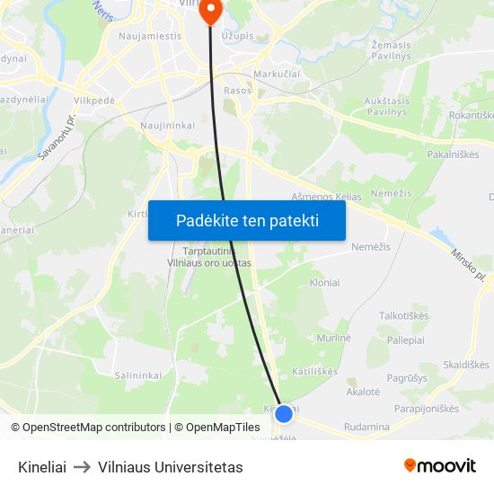 Kineliai to Vilniaus Universitetas map