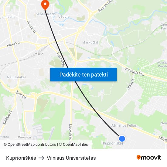 Kuprioniškės to Vilniaus Universitetas map