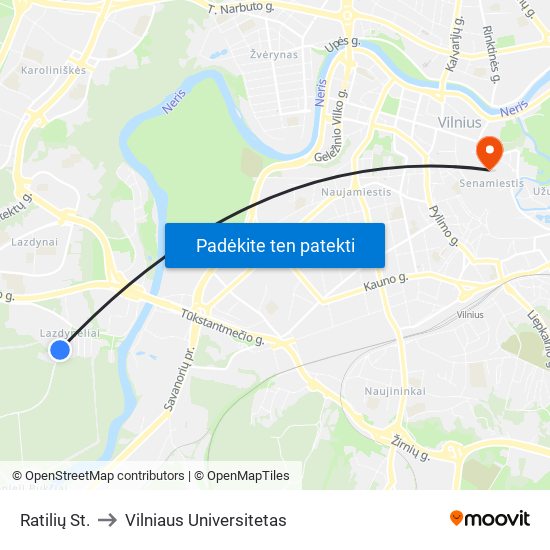 Ratilių St. to Vilniaus Universitetas map