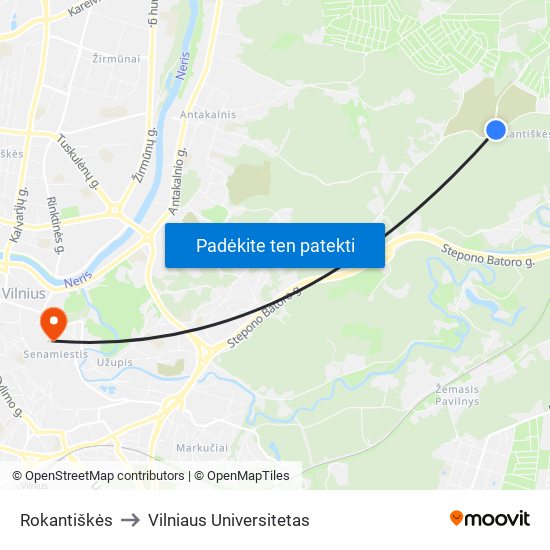 Rokantiškės to Vilniaus Universitetas map