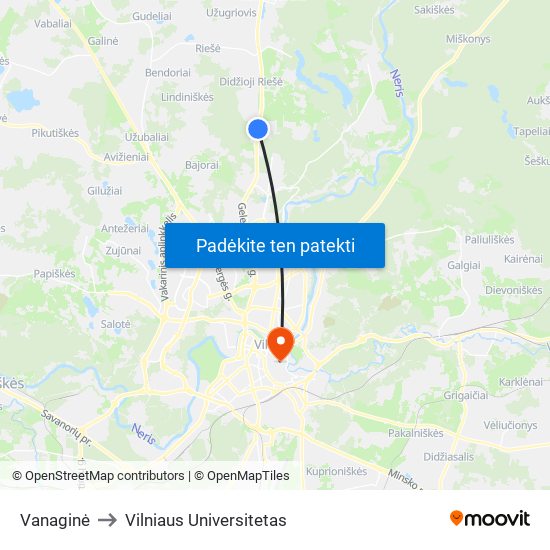 Vanaginė to Vilniaus Universitetas map