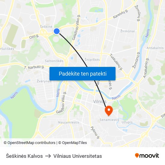 Šeškinės Kalvos to Vilniaus Universitetas map