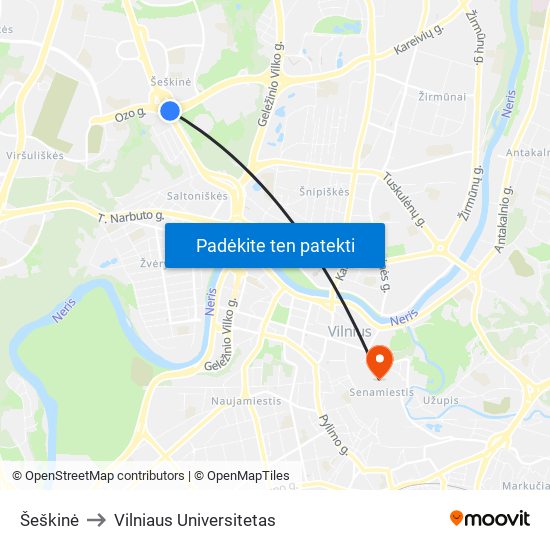 Šeškinė to Vilniaus Universitetas map