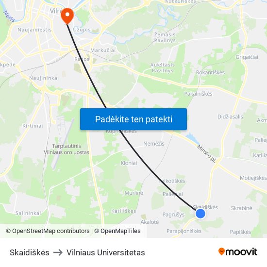 Skaidiškės to Vilniaus Universitetas map