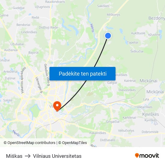 Miškas to Vilniaus Universitetas map