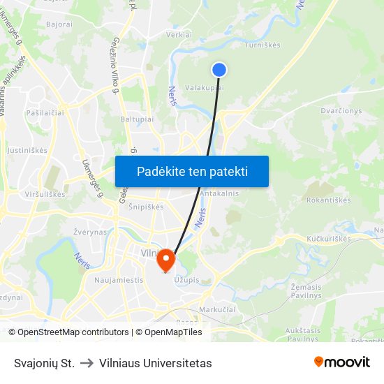 Svajonių St. to Vilniaus Universitetas map