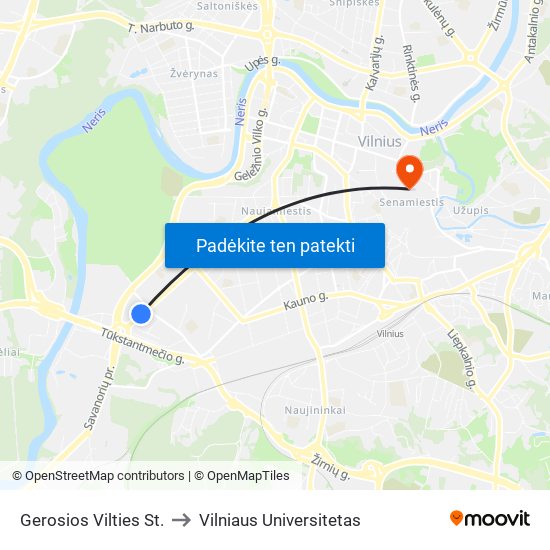 Gerosios Vilties St. to Vilniaus Universitetas map