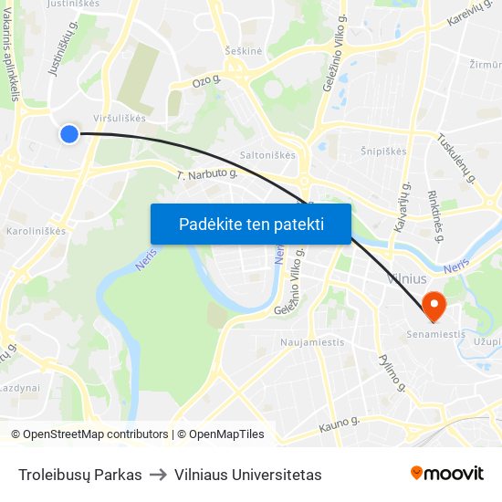 Troleibusų Parkas to Vilniaus Universitetas map