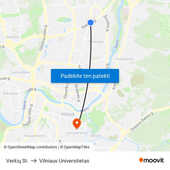Verkių St. to Vilniaus Universitetas map