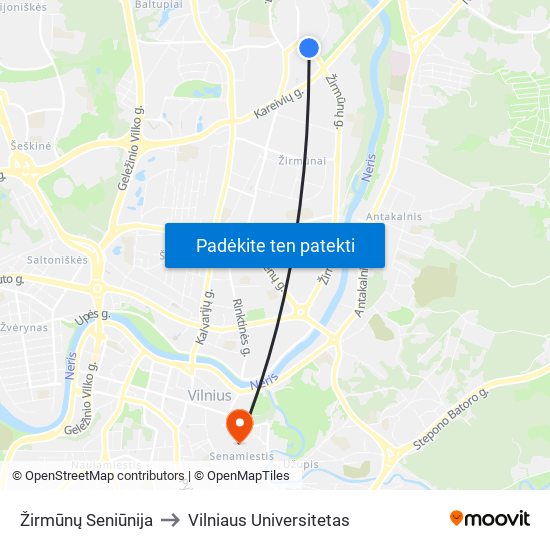 Žirmūnų Seniūnija to Vilniaus Universitetas map
