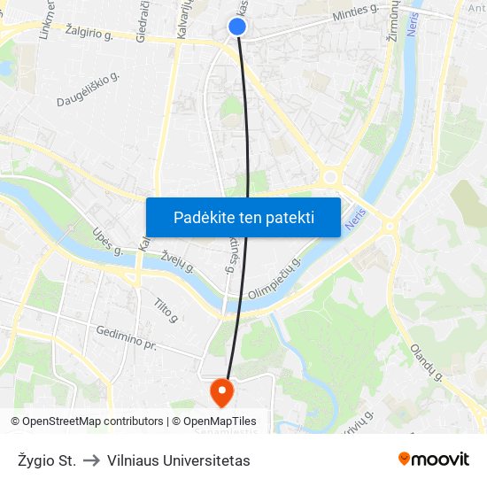 Žygio St. to Vilniaus Universitetas map