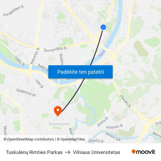 Tuskulėnų Rimties Parkas to Vilniaus Universitetas map