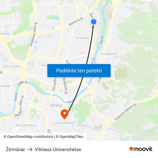 Žirmūnai to Vilniaus Universitetas map