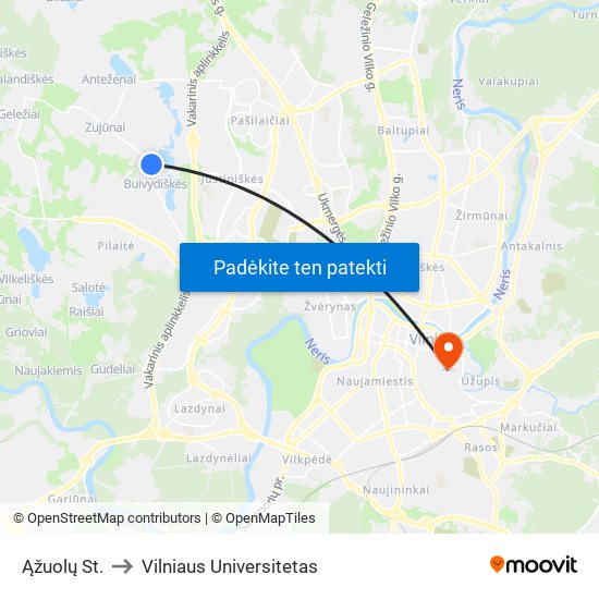 Ąžuolų St. to Vilniaus Universitetas map