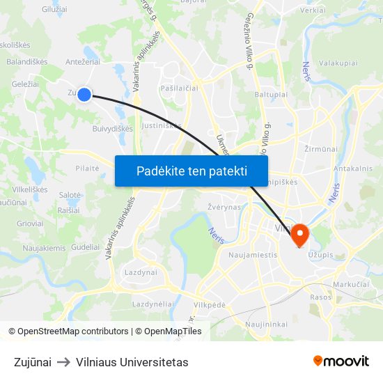 Zujūnai to Vilniaus Universitetas map