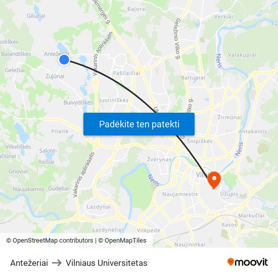Antežeriai to Vilniaus Universitetas map