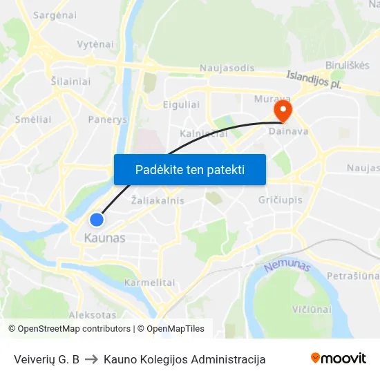 Veiverių G. B to Kauno Kolegijos Administracija map