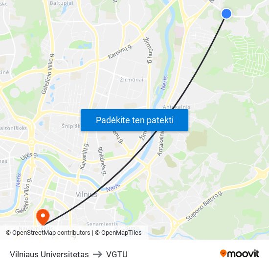 Vilniaus Universitetas to VGTU map