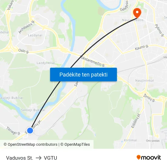 Vaduvos St. to VGTU map