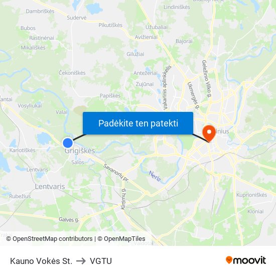 Kauno Vokės St. to VGTU map