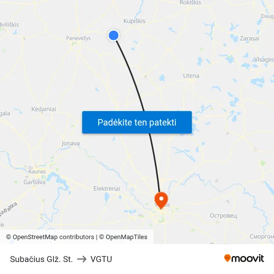 Subačius Glž. St. to VGTU map