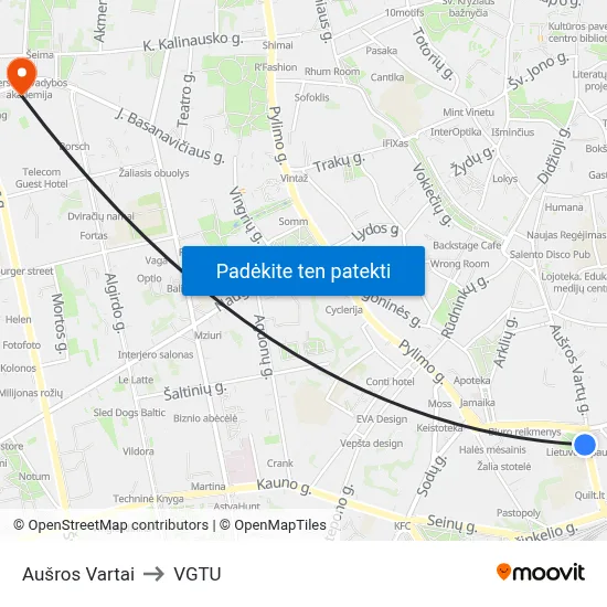 Aušros Vartai to VGTU map