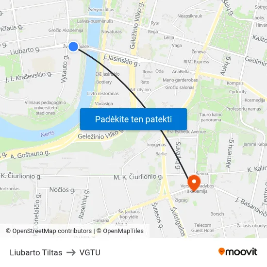 Liubarto Tiltas to VGTU map