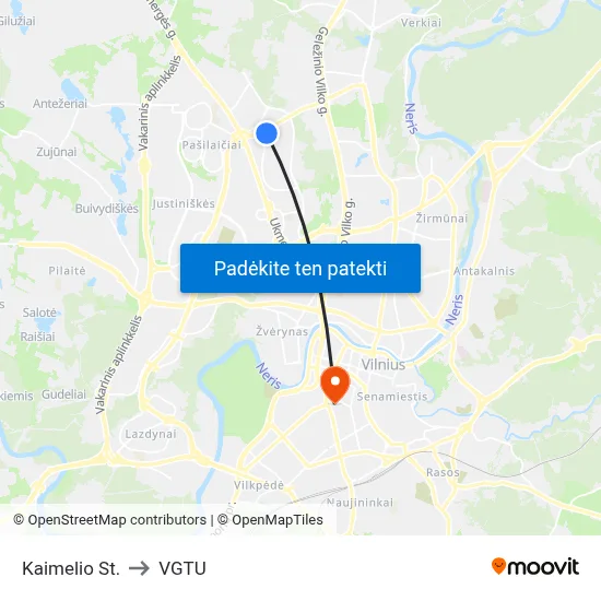Kaimelio St. to VGTU map