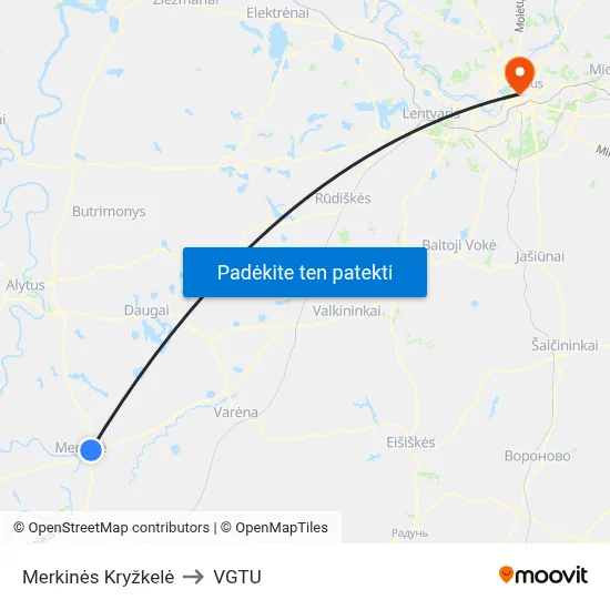 Merkinės Kryžkelė to VGTU map