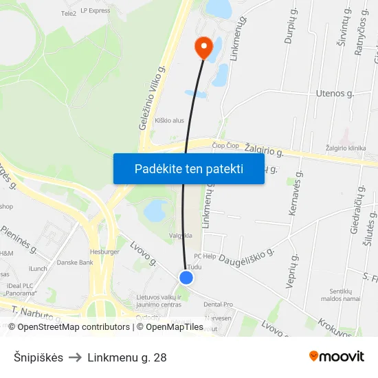 Šnipiškės to Linkmenu g. 28 map