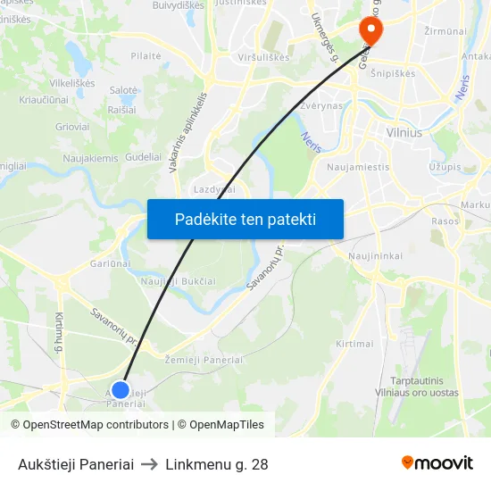 Aukštieji Paneriai to Linkmenu g. 28 map