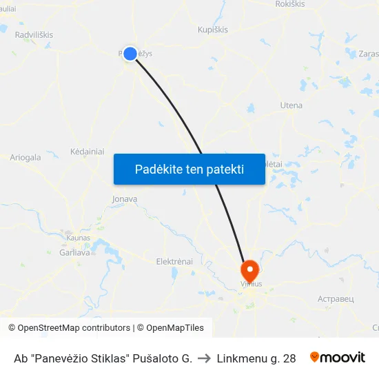 Ab "Panevėžio Stiklas" Pušaloto G. to Linkmenu g. 28 map