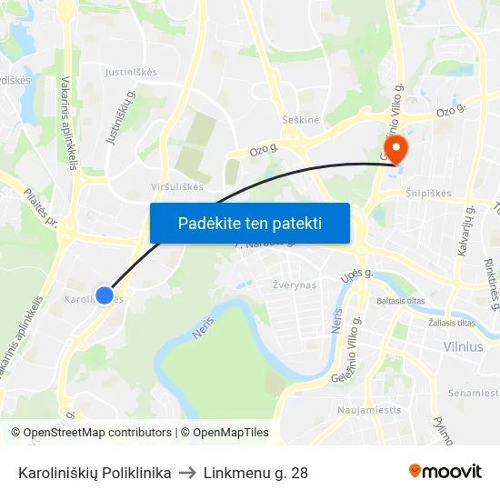 Karoliniškių Poliklinika to Linkmenu g. 28 map