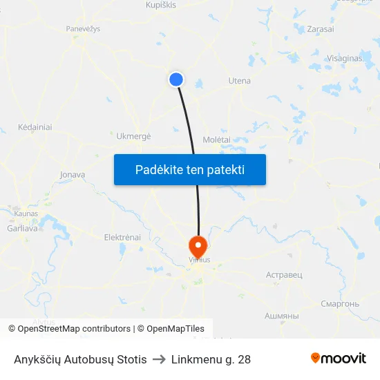 Anykščių Autobusų Stotis to Linkmenu g. 28 map