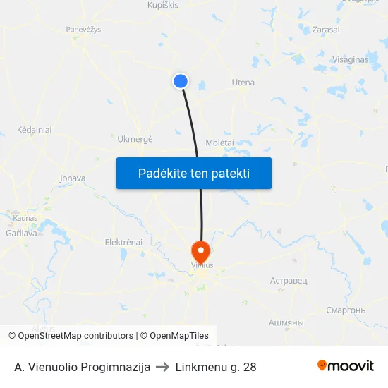 A. Vienuolio Progimnazija to Linkmenu g. 28 map