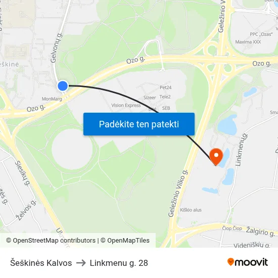 Šeškinės Kalvos to Linkmenu g. 28 map